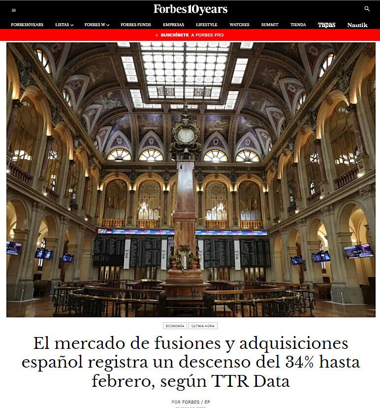 El mercado de fusiones y adquisiciones espaol registra un descenso del 34% hasta febrero, segn TTR Data